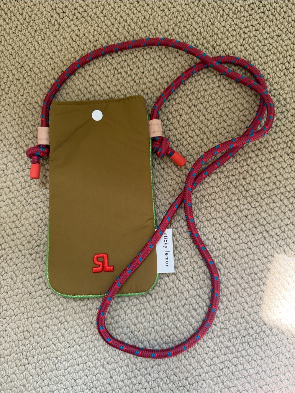 Olive Green Crossbody Phone Pouch with Red Cord